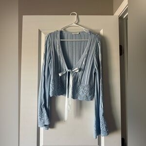 Storia Woven Blue Cardigan with Ribbon